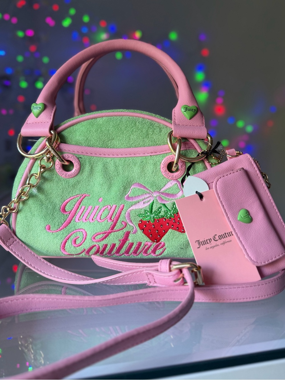 New Juicy Couture Retro Strawberry retro green pink hearts wallet satchel bag
